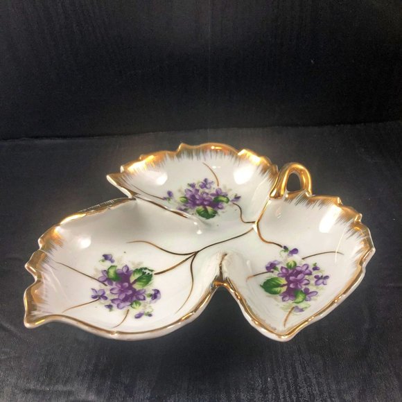 NAPCO Candy Nut Nappy Dish Violets Porcelain Trimmed in Gold Gilded MCM - Picture 7 of 7